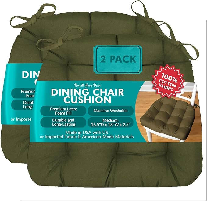 Barnett Home Decor Dining Chair Cushions with Ties – Size Medium 16.5 x 18 - Latex Foam Fill, 100% Cotton, Chair Pads for Kitchen Chairs, Made in USA (Cotton Duck Boxwood Dark Sage Green/Pack of 2)