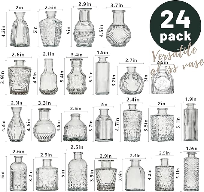 Glass Bud Vase Set of 24 Pcs Small Minimalist Vases for Flowers, Vintage Rustic Home Decor for Table Centerpiece Wedding Party, Modern Clear Aromatherapy Bottle for Living Room Bedroom