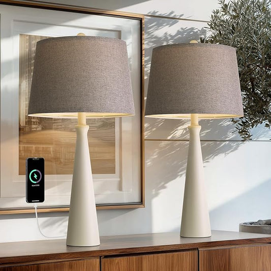 Oneach 25.75" White Table Lamp Set of 2, Modern Vintage Bedside Table Lamps with USB Ports, Traditional Nightstand Desk Lamps Set for Living Room Bedroom