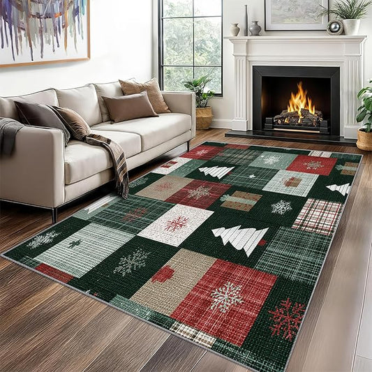 Christmas Area Rug, 7x10 Rug for Bedroom, Xmas Tree Snowflake Patchwork Plaid Washable Rugs for Living Room, Non Slip Soft Low Pile Stain Resistant Carpet, Christmas Room Decor