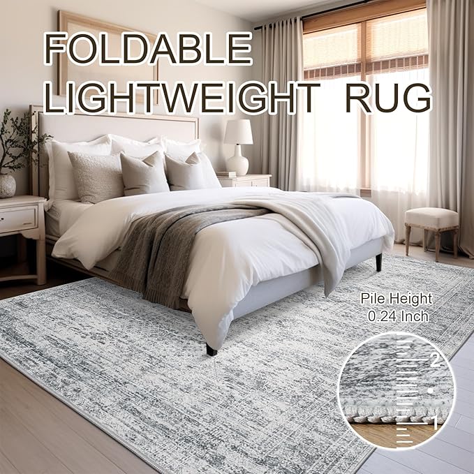 Area Rugs 4x6 for Living Room, Vintage Washable Rugs for Dining Room, Kitchen, Non-Slip Area Rug Grey