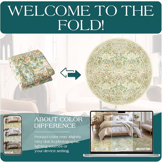 Light Green Round Rugs 6ft - Soft Washable Boho Floral Bedroom Circle Rug Stain Resistant Dining Room Rugs for Under Round Table Beige Vintage Area Rug for Living Room Office Home Decor