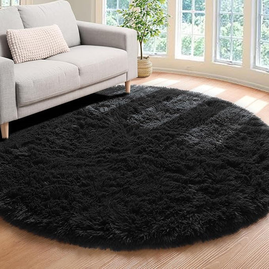 ONASAR Black Round Area Rug 4ft, Soft Bedroom Circle Rugs Floor Mats for Kids Girls Boys Teen Room, Fluffy Plush Shaggy Carpet for Baby Nursery Living Room Playroom Dorm Home Decor