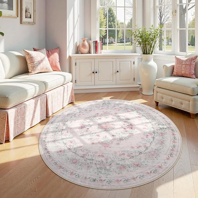Wonnitar Pink Washable Round Rugs 6ft, Bow Round Area Rug for Bedroom, Ultra-Thin Non Slip Soft Boho Floral Circle Carpet for Teen Girl Room Kids Nursery Living Room Decor, Light Pink
