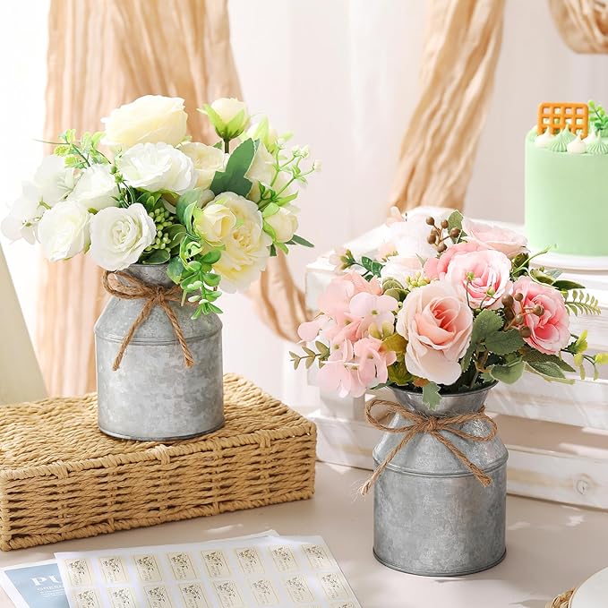 Domensi 5.12 Inch Farmhouse Metal Flower Vase Decor Rustic Galvanized Milk Can Jug Vase with Bow Flower Buckets for Table Centerpiece Fall Halloween Wedding Home Dinging Room Decor(Iron Color,6 Pcs)