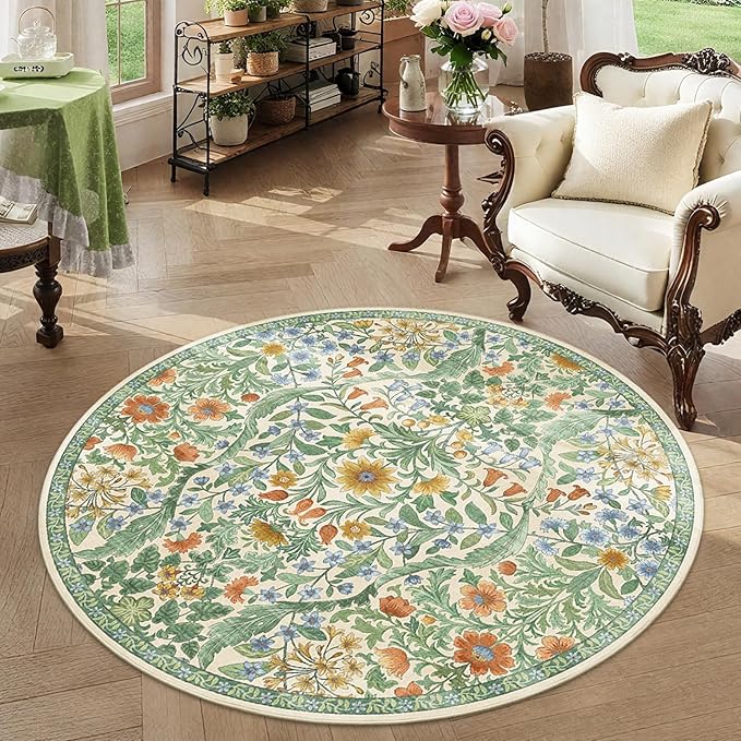 Round Rug 4ft Grass Green Washable Floral Circle Rug,Vintage Boho Botanical Round Area Rugs, Non-Slip Soft Low-Pile Circular Carpet for Bedroom,Kids Room,College Dorm,Home Decor