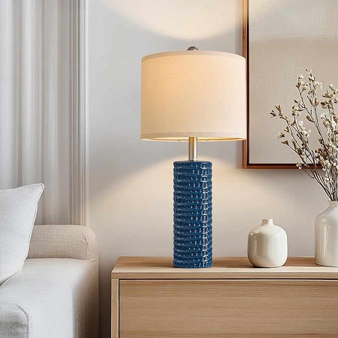 PORTRES 24.75" Modern Accent Ceramic Table Lamp Set of 2 for Bedroom Desk Decor Bedside Lamps for Living Room Study Room Office Dorm Farmhouse Nightstand Lamp End Table Lamps (Blue)