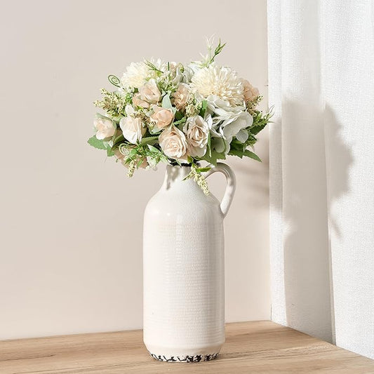 Ceramic Vase for Home Decor, Ice Crackle Aged White Vintage Vase with Handle, Decorative Flower Vase for Farmhouse, Living Room, Table, Fireplace, Nightstand - Ice Crackle White