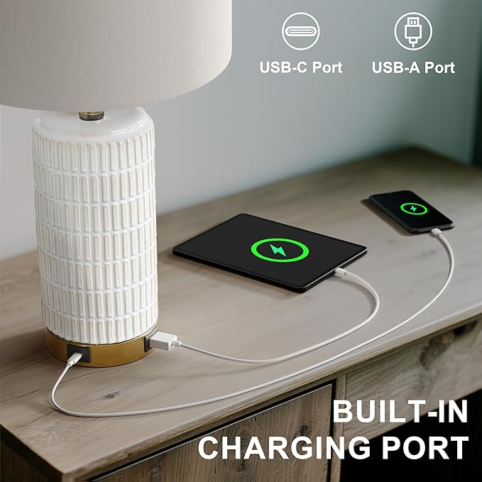 PoKat Small Bedside Table Lamps with USB Ports for Bedroom, 21.5'' White Nightstand Lamps for Night Stands, Modern Ceramic Bedroom Lamps for Living Room End Table, White and Beige