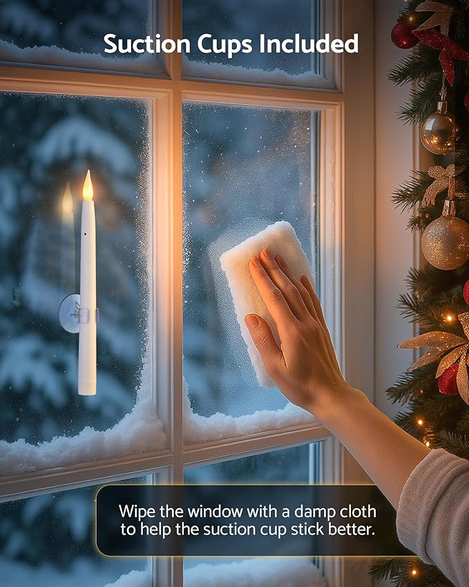 10.5" Window Candles Battery Operated with Suction Cups, Dusk to Dawn LED Flickering Candle Lights for Window, Flameless Taper Candlesticks for Christmas Holiday Decor, 6 Pack, White