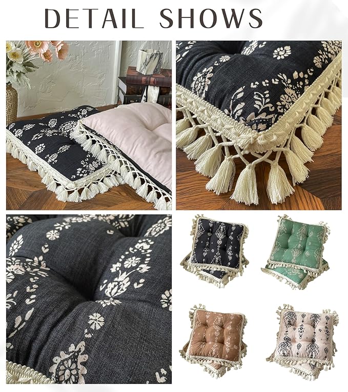 Set of 2 Floral Printed Chair Pads with Tassels Cotton Linen Square Chair Cushions 17x17x3 Inch Seat Cushion for Living Room Kitchen and Officewooden Chair (Black,17"x17")