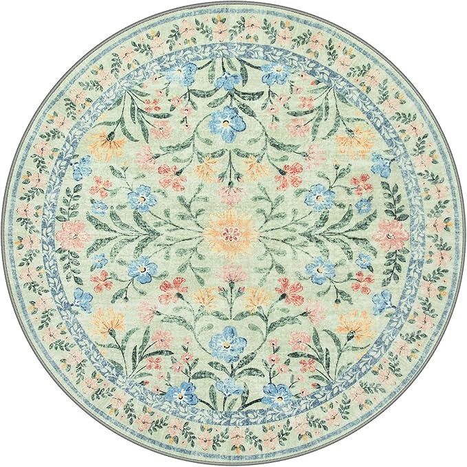 Lahome Green Round Rug for Bedroom 4ft, Sage Washable Small Kids Bathroom Circle Rug, Boho Nursery Circular Carpet Girl, Soft Non-Slip Carpet for Kids Room Sunroom