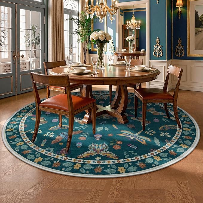 Lahome Insect Washable Round Area Rug, Soft Round Rugs 6ft Ultra-Thin Non-Slip, Boho Large Circle Carpet for Bedroom Living Room Kitchen Nursery, Dark Green
