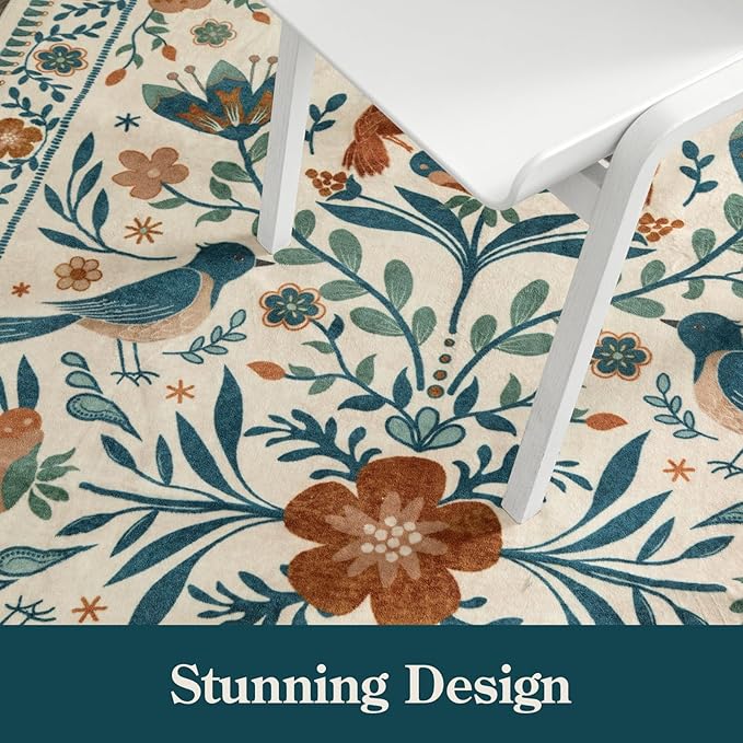 Moynesa Floral Bird Round Rug 6ft Washable Circle Rug Non Slip,Modern Bohemian Area Rugs for Bedroom Reading Coner,Farmhouse Living Dining Room Aesthetic Carpet Retro Home Decor