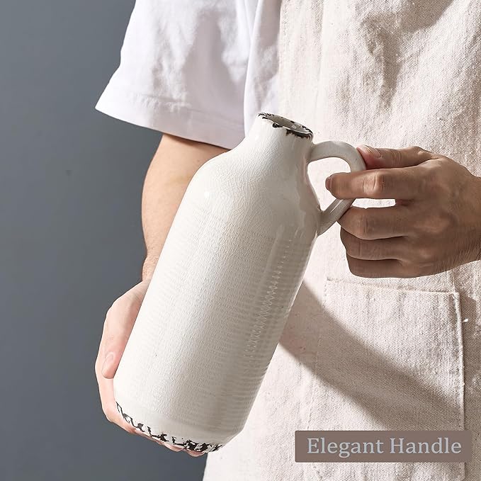 Ceramic Vase for Home Decor, Ice Crackle Aged White Vintage Vase with Handle, Decorative Flower Vase for Farmhouse, Living Room, Table, Fireplace, Nightstand - Ice Crackle White