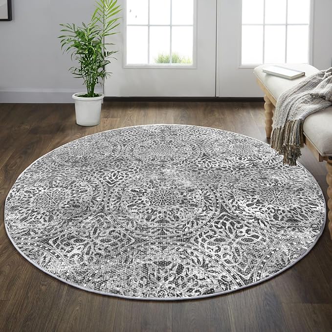 vivorug Round Rug 5ft Vintage-Inspired Round Area Rug Non-Slip Indoor Carpet for Living Room Bedroom Entryway, Stain Resistant Home Decor Circle Rug, Grey Medallion