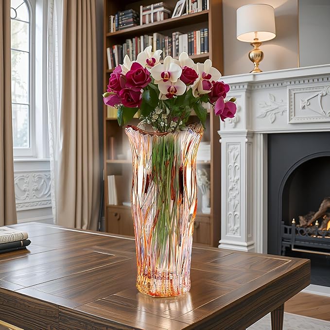 Glass Vase for Flowers, Gold Amber Clear Glass Vases for Centerpieces, Crystal Vase for Home Table Flower Decor 9.1 inches Tall