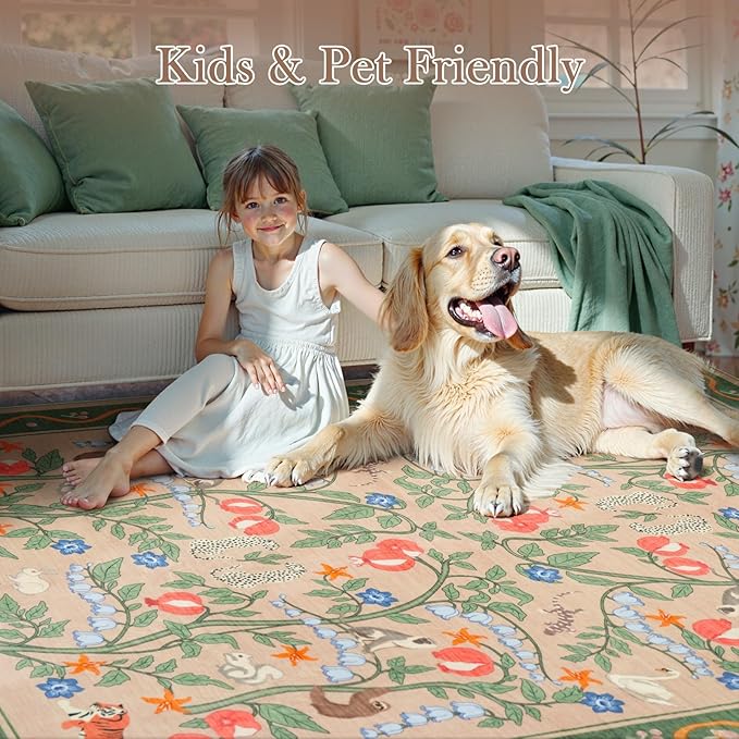 OJIA Washable Rugs 8x10, Soft Floral 8x10 Area Rugs for Living Room, Animal Non-Slip Bedroom Rug Ultra-Thin Boho Large Carpet for Nursery Dining Room Office Kids Playroom, Green