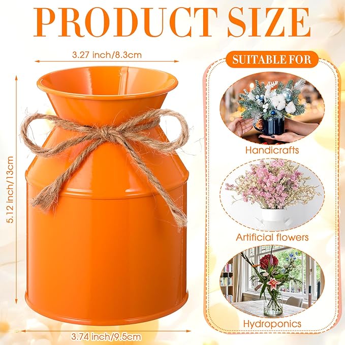 Domensi 5.12 Inch Farmhouse Metal Flower Vase Decor Rustic Galvanized Milk Can Jug Vase with Bow Flower Buckets for Table Centerpiece Fall Halloween Wedding Home Dinging Room Decor(Orange,6 Pcs)