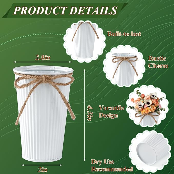 24Pcs Small Galvanized Metal Vases for Centerpieces White Flower Buckets with Twine Bow 4 Inch Artificial Floral Vase in Bulk Rustic Home Decor