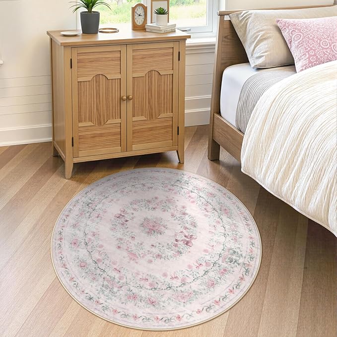 Wonnitar Bow Print Washable 4ft Round Rug, Pink Circle Rug for Girl Nursery Decor, Non Slip Ultra-Thin Soft Boho Floral Small Cute Circular Carpet for Kids Bedroom Baby Room, Light Pink