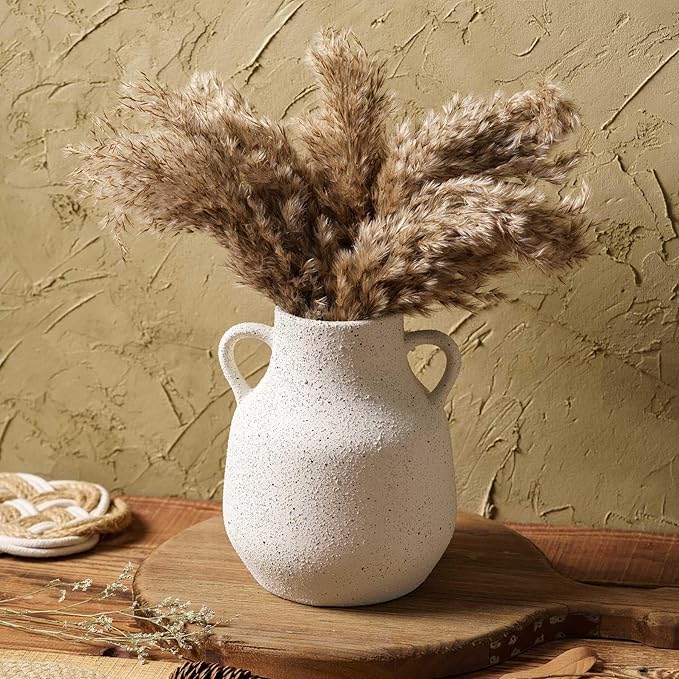 Vintage Farmhouse Flower Round Ceramic Vase with 2 Handles, Rustic Pampas Grass Vase, White Modern Decorative Flower Ceramic Vase for Home Decor, Table, Living Room Decoration, Office, 7.7 Inch