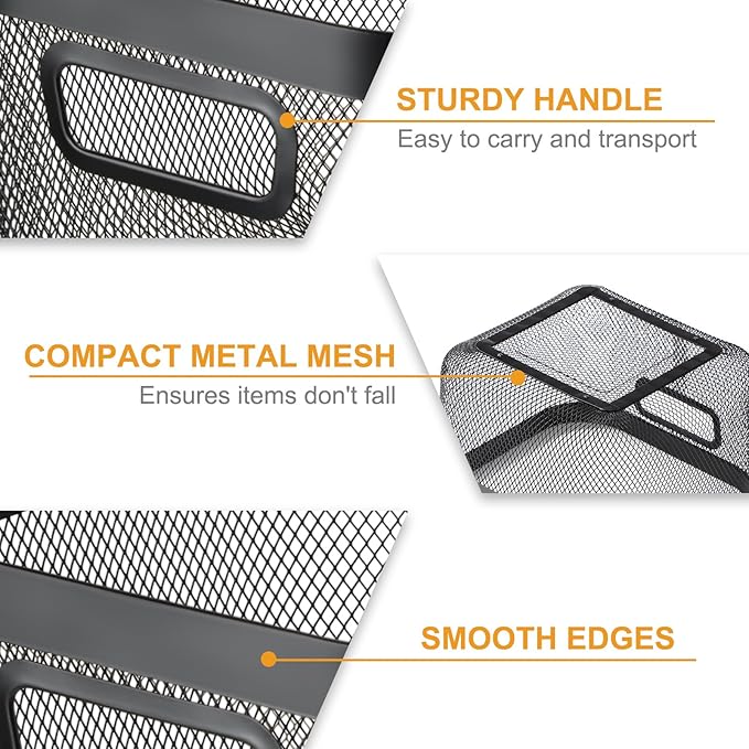 1 Pack Metal Mesh Basket with Hollow Handles Black Wire Storage Bin for Organizing Stackable Metal Fine Mesh Basket for Pantry Bathroom Kitchen Cabinets Shelves (Medium)