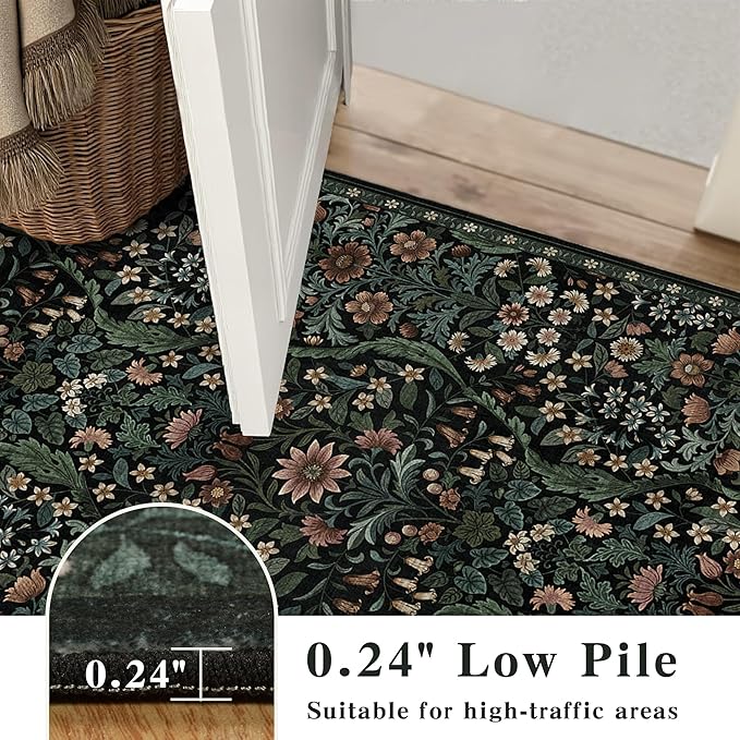 Round Rug 4ft Black Washable Floral Circle Rug,Vintage Boho Botanical Round Area Rugs, Non-Slip Soft Low-Pile Circular Carpet for Bedroom,Kids Room,College Dorm,Home Decor