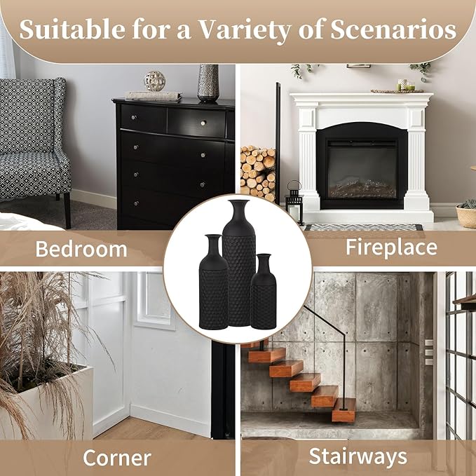 Sziqiqi Large Black Vases Tall 27inch - Metal Floor Standing Vase Set of 3 Modern Honeycomb Texture Big Standing Vase for Living Room Dining Bedroom Home Corner Hallway Indoor Office