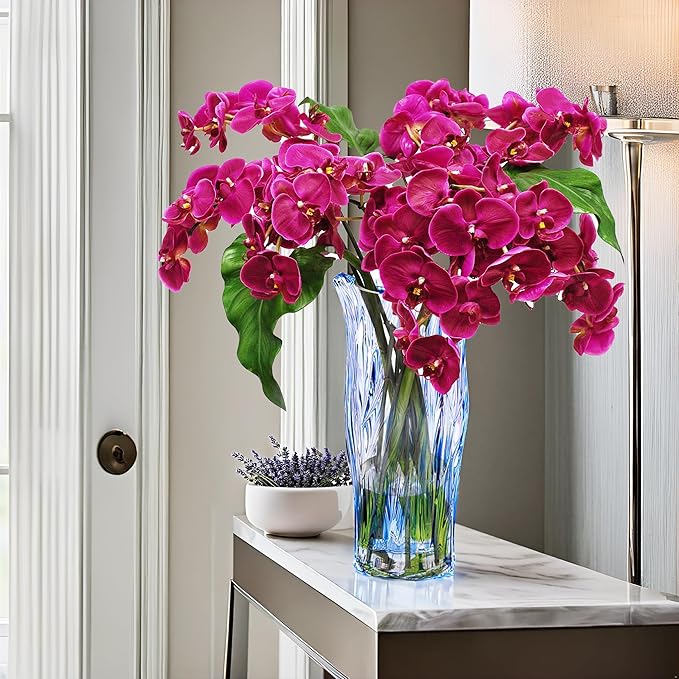 Glass Vase for Flowers, Blue Clear Glass Vases for Centerpieces, Crystal Vase for Home Table Flower Decor 9.1 inches Tall