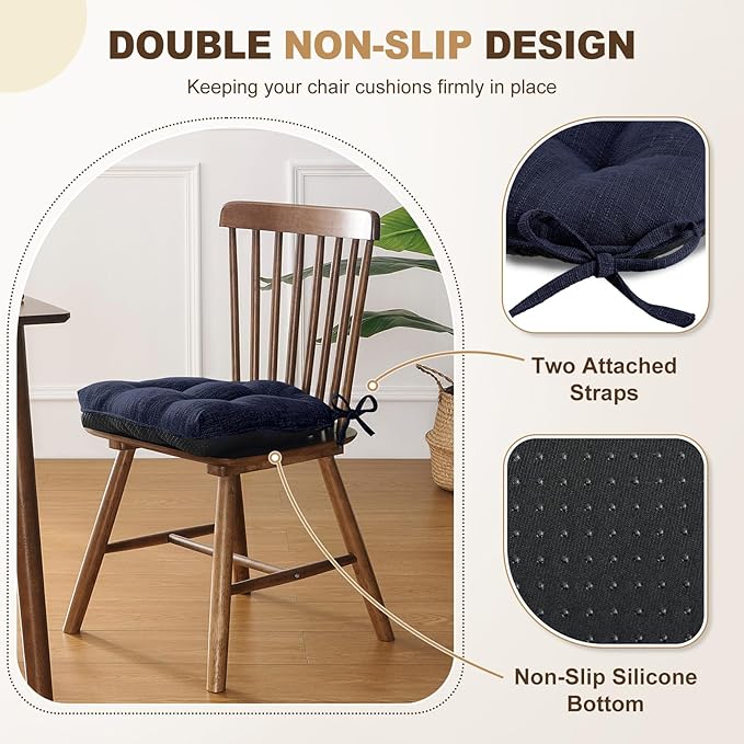 downluxe Indoor Chair Cushions for Dining Chairs, Tufted Overstuffed Textured Foam Kitchen Chair Pads with Ties and Non-Slip Backing, 15.5" x 15.5" x 4", Navy, 4 Pack