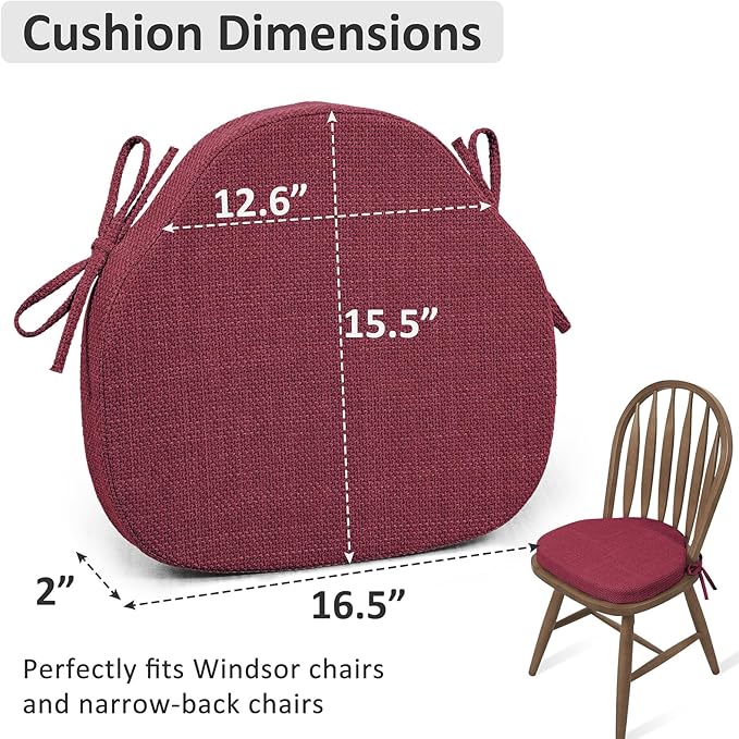 Shinnwa Dining Chair Cushions Set of 6, High-Resilience Foam Windsor Seat Pads, Kitchen Chair Cushions with Ties & Textured Cover, 6 Pack, 16.5 x 15.5 x 2, Dark Red