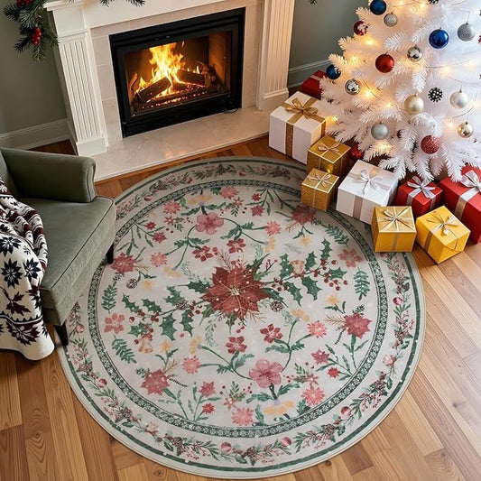 Lahome Christmas Round Rug 5ft, Washable Botanical Christmas Dining Room Decor for Under Table, Whimsical Holly Berries Circle Mats for End of Bed Coffee Table