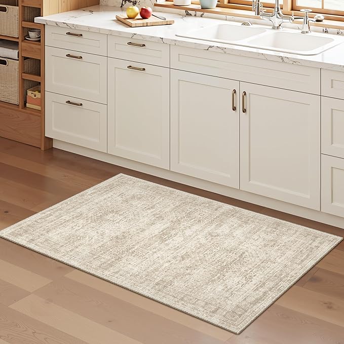 2x3 Washable Rugs for Kitchen, Floor, Entryway, Powder Room Small Area Rug Non-Slip Vintage Low Pile Throw Door Mat Beige