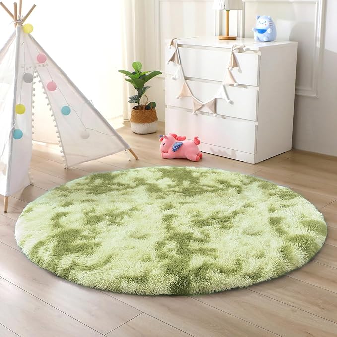 OPPODREAM Round Rugs 5ft for Play Room, Ultra Soft Circle Rug for Bedroom, 5 ft Fluffy Kids Carpet with 0.4" Thick Non-Slip Backing, Long Pile Shag Carpet, Fuzzy, Shaggy, Tie-dye Light Green & Green