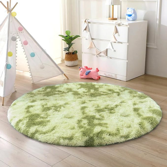 OPPODREAM Round Rugs 5ft for Play Room, Ultra Soft Circle Rug for Bedroom, 5 ft Fluffy Kids Carpet with 0.4" Thick Non-Slip Backing, Long Pile Shag Carpet, Fuzzy, Shaggy, Tie-dye Light Green & Green