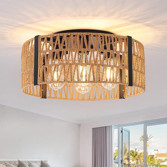 Rattan Ceiling Light Fixture 4-Light Farmhouse Ceiling Light 17.7" Boho Flush Mount Ceiling Lights for Dining Room Kitchen Bedroom Living Room, E26 Base (Not Included Blub)
