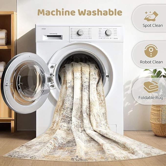 Runner Rug Kitchen Washable Rugs: 3x8 Non-Slip Abstract Soft Modern Stain Resistant Indoor Floor Neutral Accent Throw Carpet for Hallway Bathroom Laundry Room Entryway Bedroom- Gray Gold