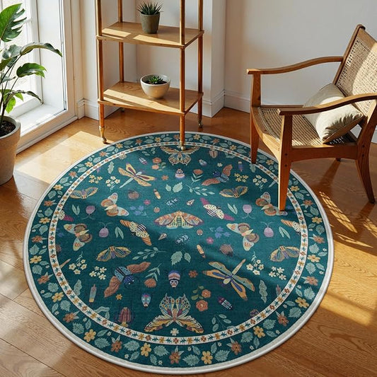 Lahome Insect Washable Round Rugs, Non-Slip Soft Round Rug 4ft Ultra-Thin, Small Boho Circle Carpet for Entryway Kitchen Bedroom Nursery Bathroom, Dark Green