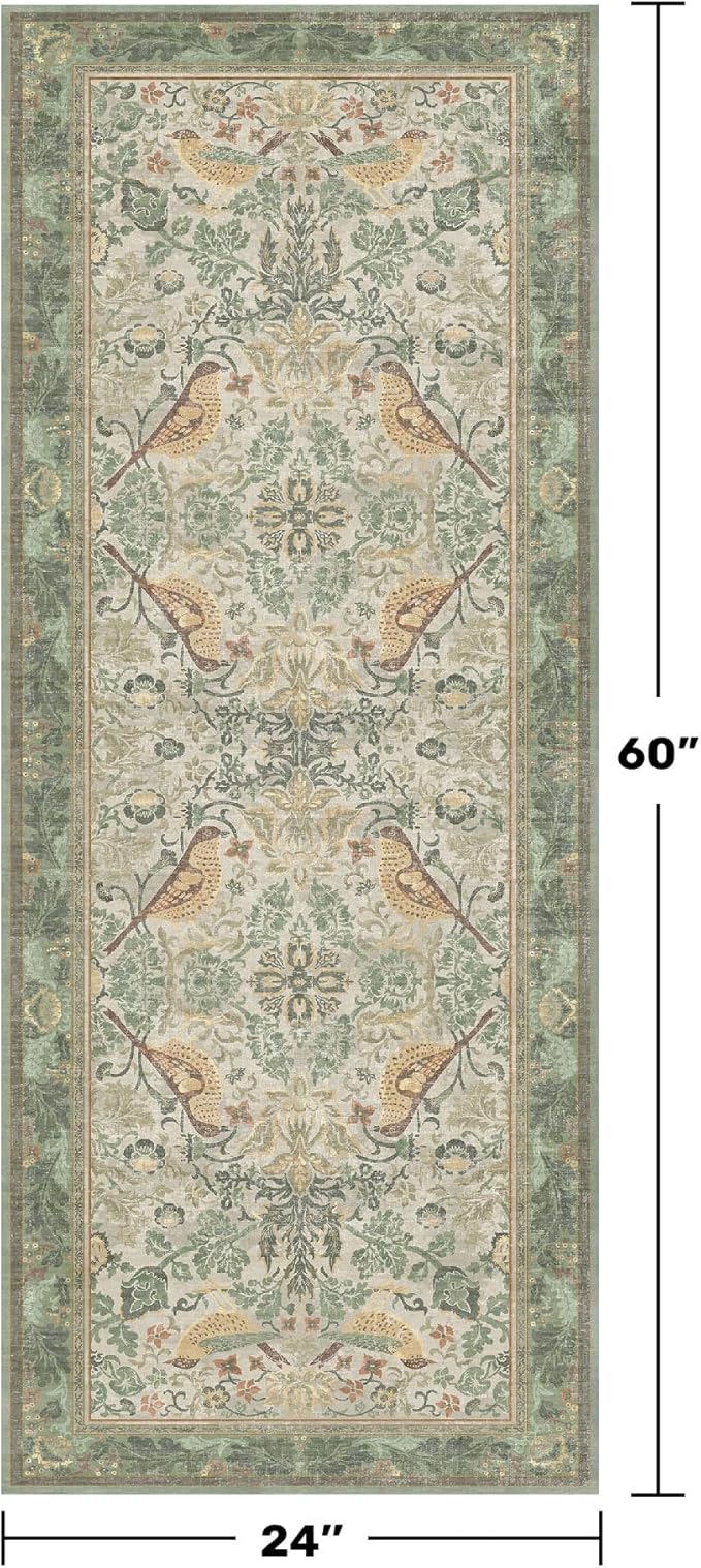 Sage Floral Kitchen Runners - 2x5 Runner Rug for Hallway Bathroom Laundry Room Bedroom Beside Bed Entryway, Boho Birds Leaves Patterned Non Slip Low Pile Washable Rugs