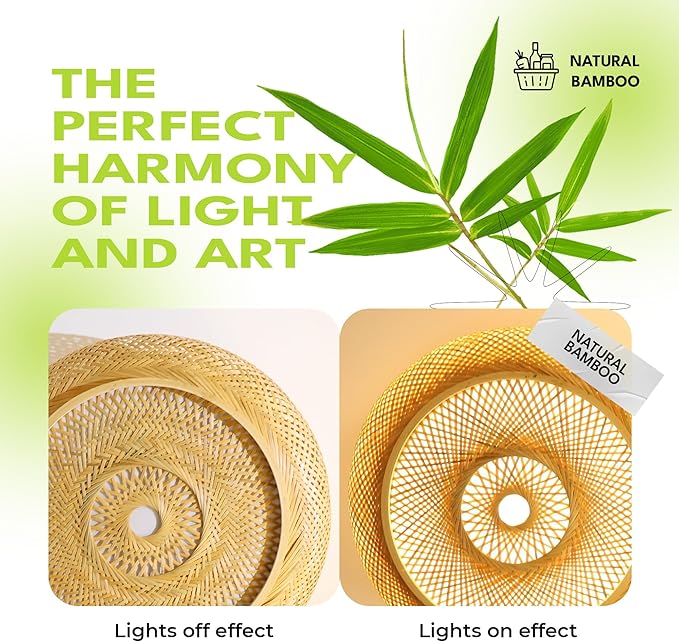 Bamboo LED Ceiling Light Fixtures Smart Ceiling Light Voice Control Boho Flush Mount Ceiling Light Dimmable with Remote Handmade Bamboo Woven Ceiling Lights for Bedroom Living Room 19.6 Inch