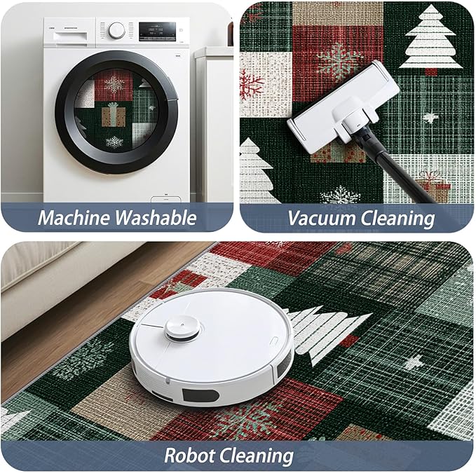 Christmas Area Rug, 6x9 Rug for Bedroom, Xmas Tree Snowflake Patchwork Plaid Washable Rugs for Living Room, Non Slip Soft Low Pile Stain Resistant Carpet, Christmas Room Decor