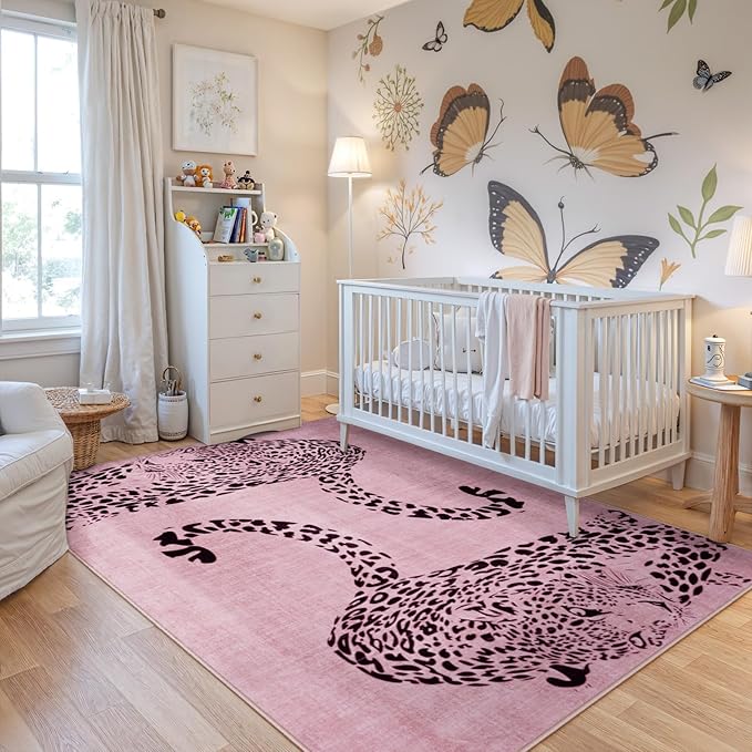 OJIA Leopard Print 5x7 Area Rugs for Living Room, Soft Washable Rugs for Bedroom Ultra-Thin Non-Slip Moden Pink Rug, Stain Resistant Nursery Rug Carpet for Kids Playroom Classroom Dining Room
