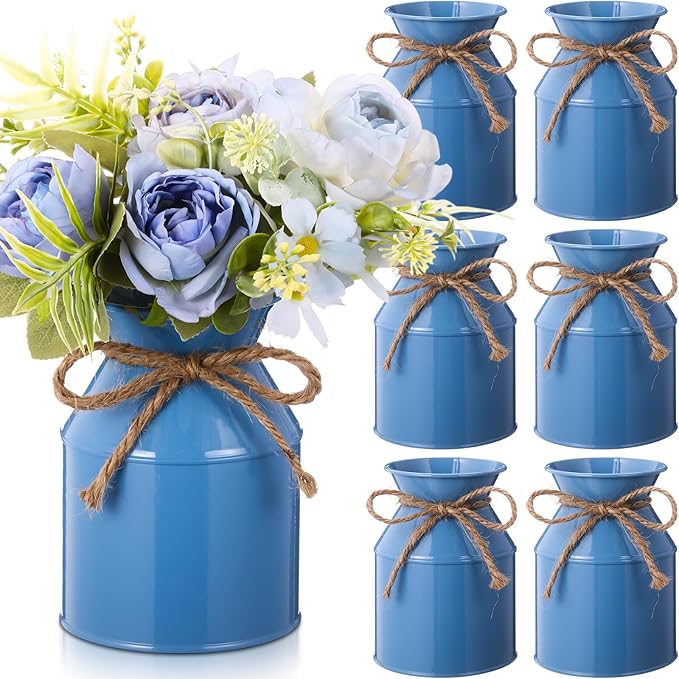Domensi 5.12 Inch Farmhouse Metal Flower Vase Decor Rustic Galvanized Milk Can Jug Vase with Bow Flower Buckets for Table Centerpiece Fall Halloween Wedding Home Dinging Room Decor(Blue,6 Pcs)