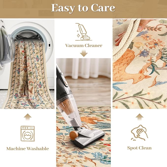 OJIA 8x10 Area Rugs for Living Room Bedroom Large Washable Rugs, Thin Boho Beige Nursery Rug Non-Shedding Kids Playroom Rug Floral Stain Resistant Large Carpet Accent Rugs for Dining Farmhouse