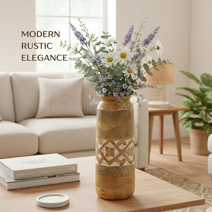 Mela Artisans 12” Mango Wood Vase | Wooden Decorative Flower Vase | Rustic Farmhouse | Medium Burnt | Centerpiece for Living Room | Dining Table | Home Decor
