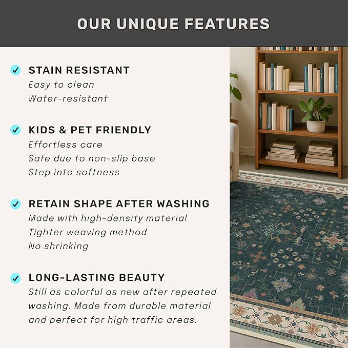 Dark Green Vintage 7x10 Washable Rugs for Living Room - Dark Academia Victorian Floral Geometric Bedroom Rug, Ultra Soft Thin Low Pile Non-Slip Large Rugs for Lounge