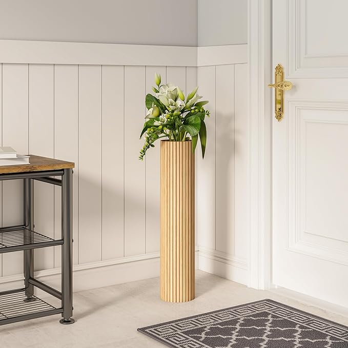 SHYFOY Wooden Fluted Floor Vase, 27.5 inch Cylinder Decorative Tall Vase Standing Decor for Living Room Dining Bedroom Home Corner Indoor