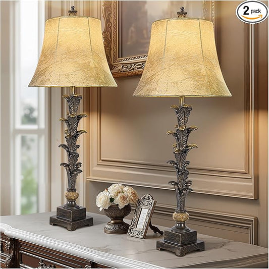 Table Lamps Set of 2 for Living Room, 33'' Tall Bedside Table Lamps with 3 Way Dimmable Bulbs, Farmhouse Buffet Lamps with Laux Leather Shades, Vintage Brown Desk Lamps for Nightstand Bedroom Office