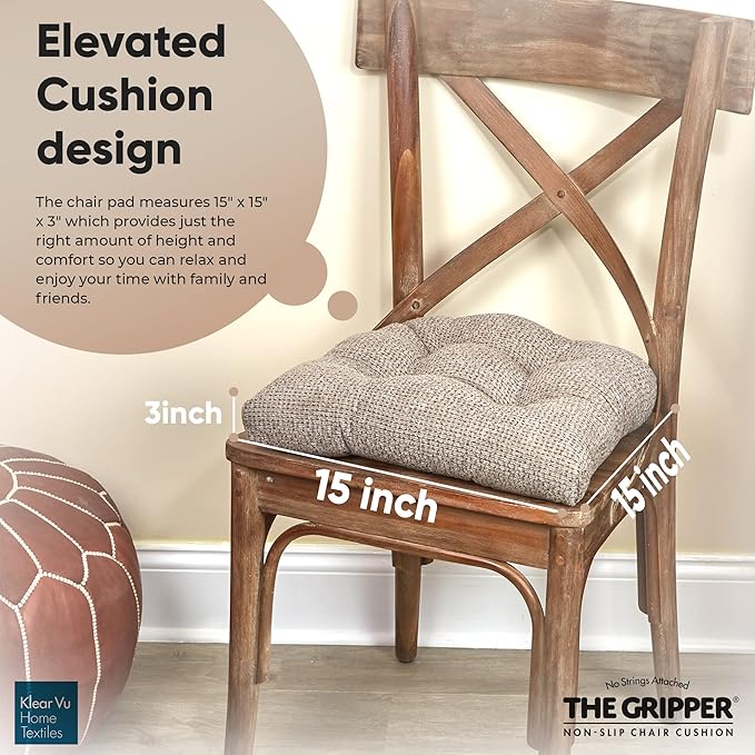 Klear Vu Gripper Overstuffed Universal Non-Slip Dining Chair Cushions for Kitchen Decor or Office Use, U-Shaped Skid-Proof Seat Pad, 15x15 Inches, 4 Count (Pack of 1), Waffle Graystone